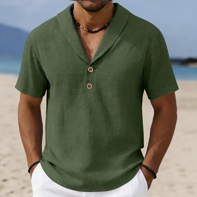 Ceisia Men's Solid Color Cotton Linen Casual Shirt Loose Shawl Collar Short Sleeve Top for Summer Green XXL Gifts