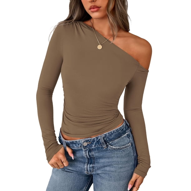 Remera PRETTYGARDEN Mujer Hombros Descubiertos Manga Larga Caqui XXL