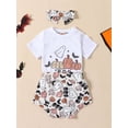 thumbnail image 3 of LMLYSoH Infant Baby Halloween Jumpsuit Outfits PumpkinGhost Print Short Sleeve Romper + Shorts+ Bow Headband, 3 of 9