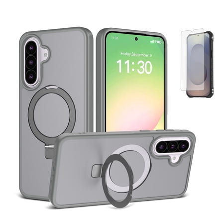 Allytechgroup Magnetic Case for Samsung Galaxy A56 5G with Screen Protection, Support Wireless Charging Built-in Kickstand Anti-Fingerprint Shockproof Back Cover, Gray