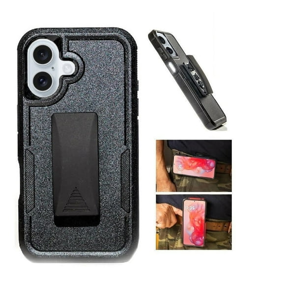 For iPhone 16 Case, Dual Layer Shockproof 360-Degree Rotating Belt Clip Case Cover with Kickstand (Black)