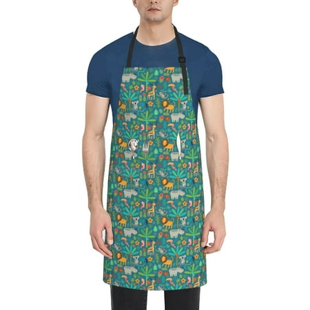 

Pofeuu Jungle Animals Print Waterproof Apron with Pockets Adjustable Cooking Aprons Kitchen Bib for Baking Household Cleaning