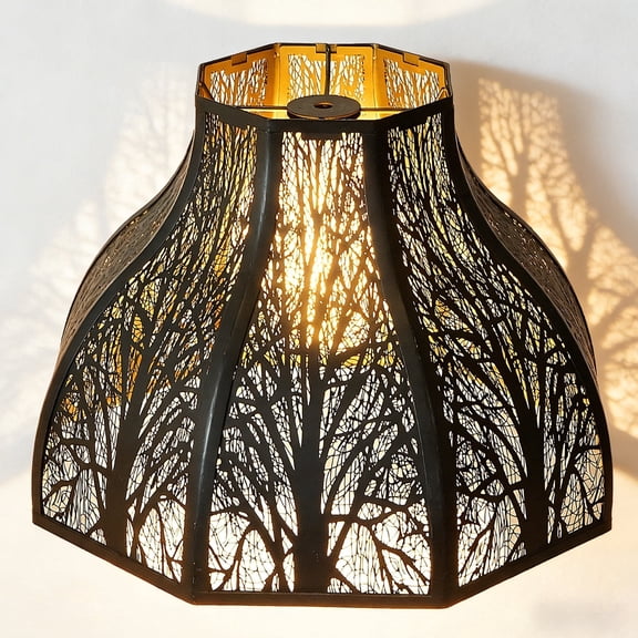 SWAIFDEE Octagonal Lotus Metal Lamp Shade Etched Forest Outer Black Inner Gold 5.32x13x9.5in Spider Fitter for Table Lamp Floor Lamp