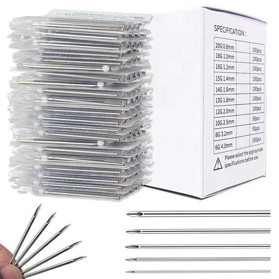 100Pcs Mixed Piercing Needles - Yuelong 20G 18G 16G 14G 12G Hollow Needles Ear Nose Piercing Needle for Lip Tongue Belly Navel Nipple Professional Piercing Tools