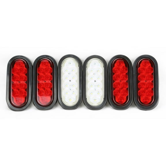 6" Oval 10 LED Trailer Lights 4 Red Stop/Turn/Tail 2 Clear/Backup Grommet Plugs