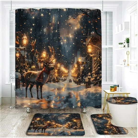 4 Piece Christmas Deer Shower Curtain Set with Rugs, Toilet Lid Cover ,Christmas Eve Village Street Lamp Snowflake Farmhouse Animal Xmas Reindeer Winter Scenery Bathroom Shower Curtain with Hooks