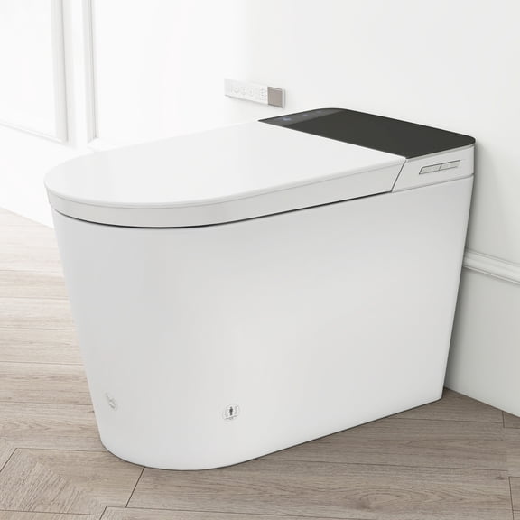 Smart Toilet with Bidet and Auto Open Close Lid, Foot Sensor Flushing, Heated Seat, Warm Water Wash and Dryer, Remote Control, White for Modern Bathroom