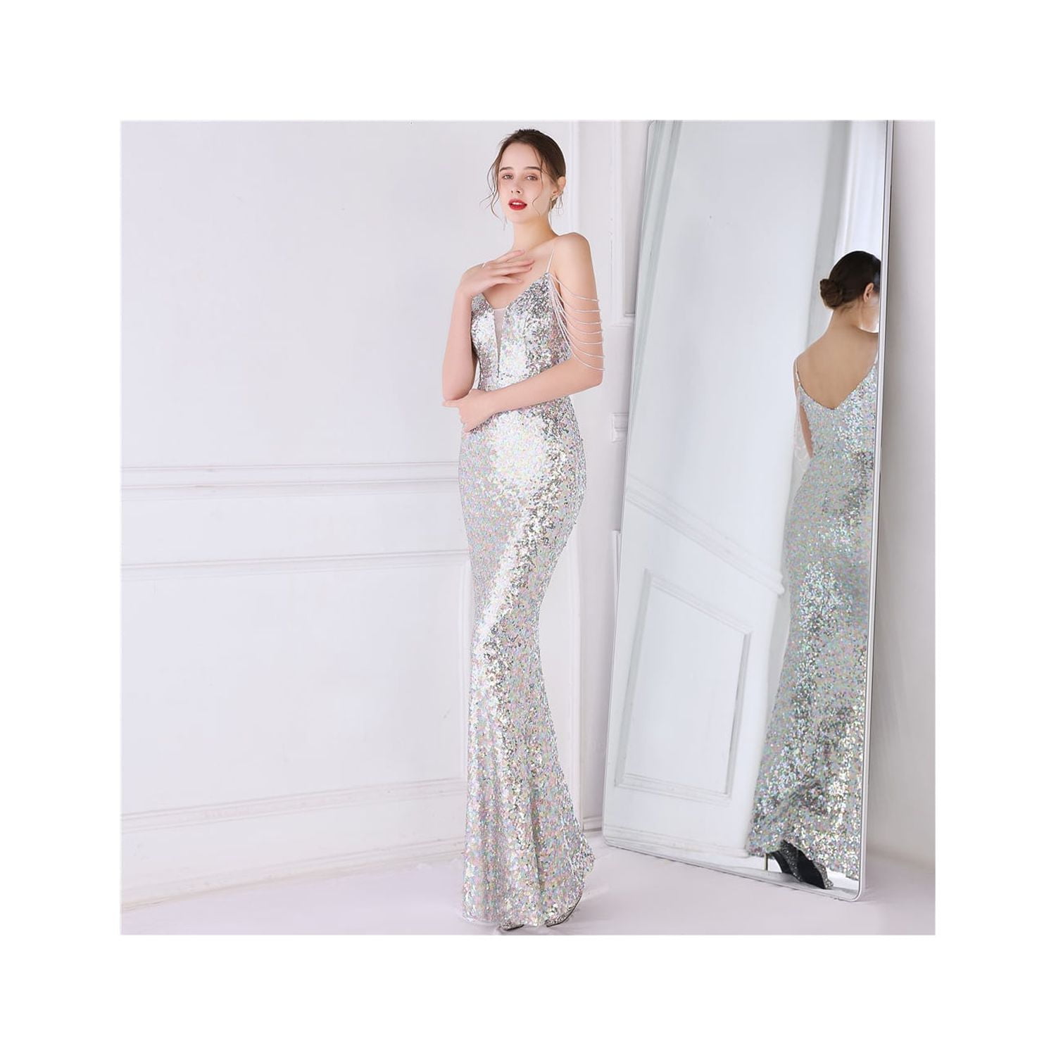 pre order white glitter cheongsam long sleeve fishtail wedding bridal dress  gown RB2270, Women's Fashion, Dresses & Sets, Evening Dresses & Gowns on  Carousell