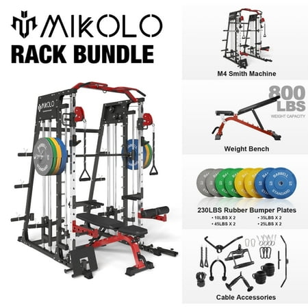 Mikolo Smith Machine Home Gym, 2200 lbs Power Rack Cage with Cable Crossover, Power Rack with 800LB Capacity Adjustable Weight Bench and 230 lbs Weight Plate, Total Body Strength Training Equipment