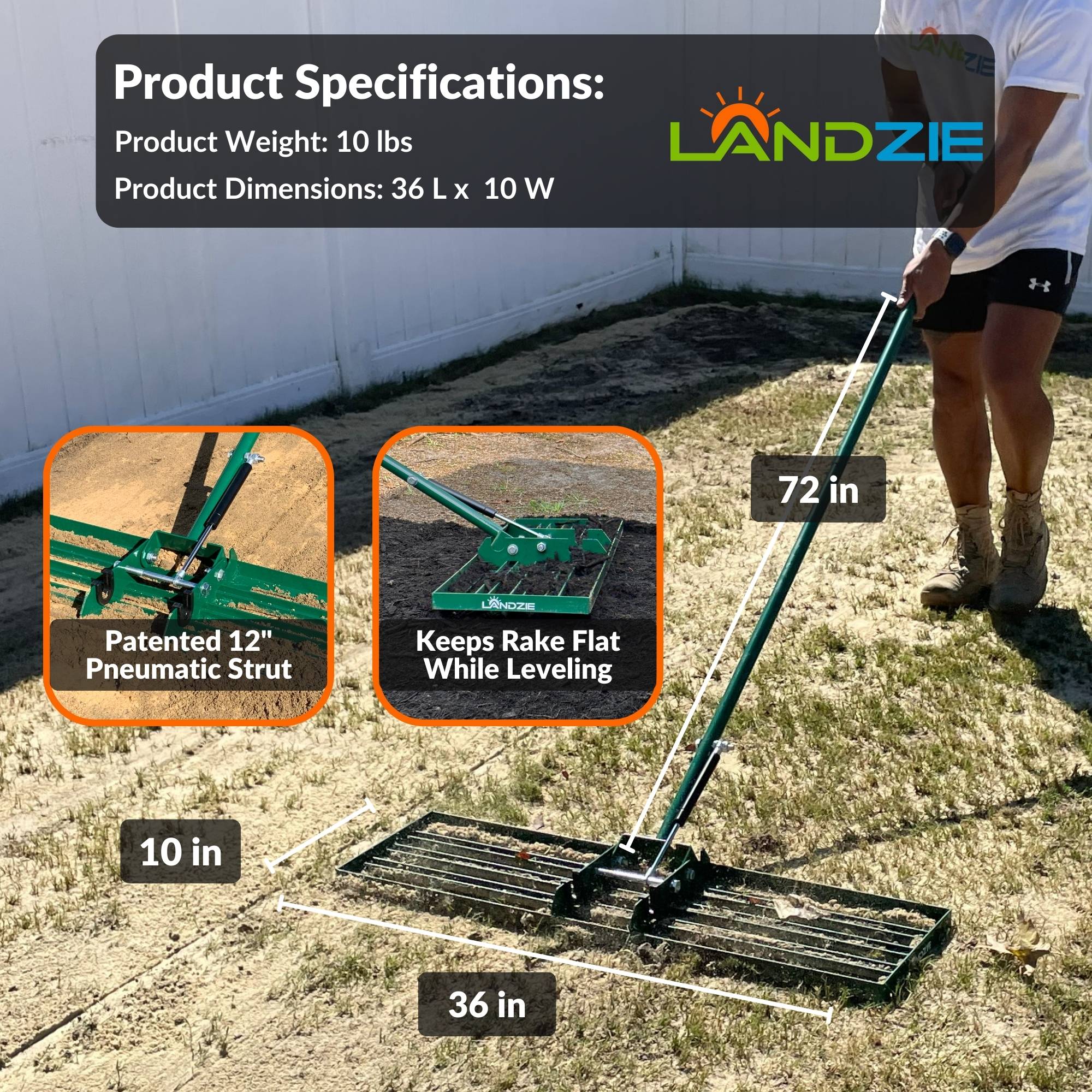 LANDZIE AeroLeveler Lawn Leveling Rake - Patented 36 inch Wide Pneumatic Lawn Leveler Leveling Rake - Provides Stability and Control Without Flipping Over While Leveling Any Yard, Dirt, Ground