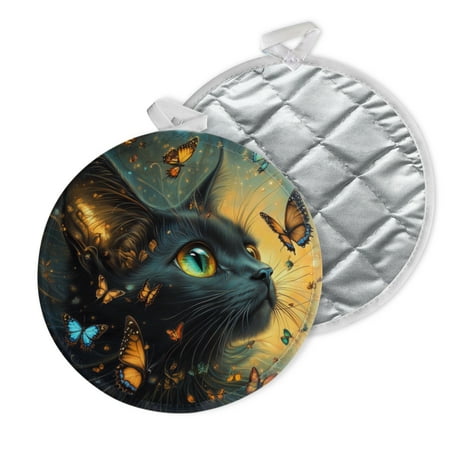 

2 PCS Pot Holders for Kitchen Potholders Sets with Hook for Oven Cooking Baking Black Cat Surrounded By Butterflies Art