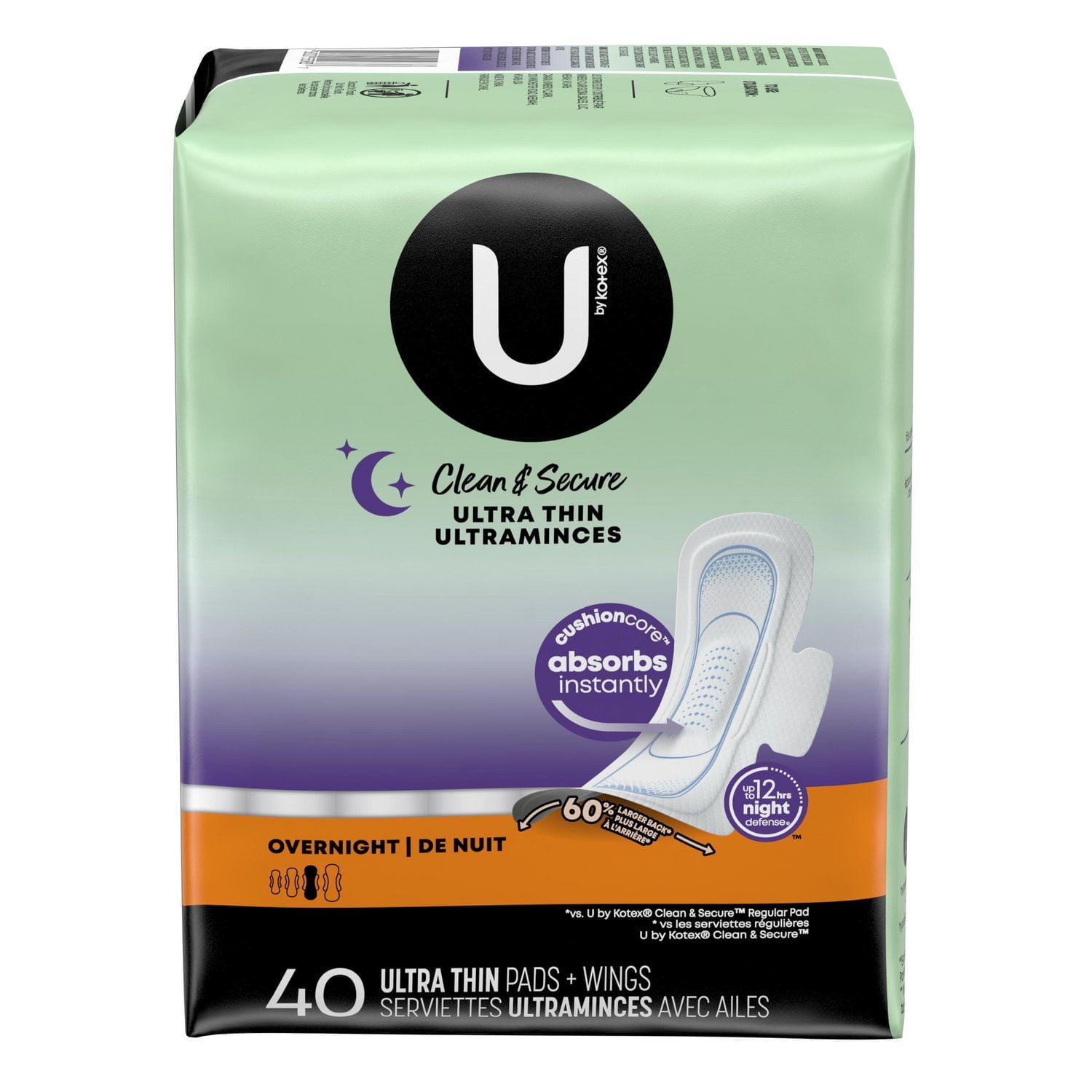 U by Kotex Clean & Secure Ultra Thin Overnight Pads with Wings, 40 Count