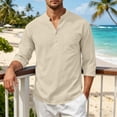 thumbnail image 5 of Awwp Men's Linen Cotton Shirt 3/4 Sleeve Stand Collar Casual Button down Shirts with Pocket Breathable Summer Shirts 8 Colors Available Vacation Beach Shirt Beige Size: L, 5 of 9