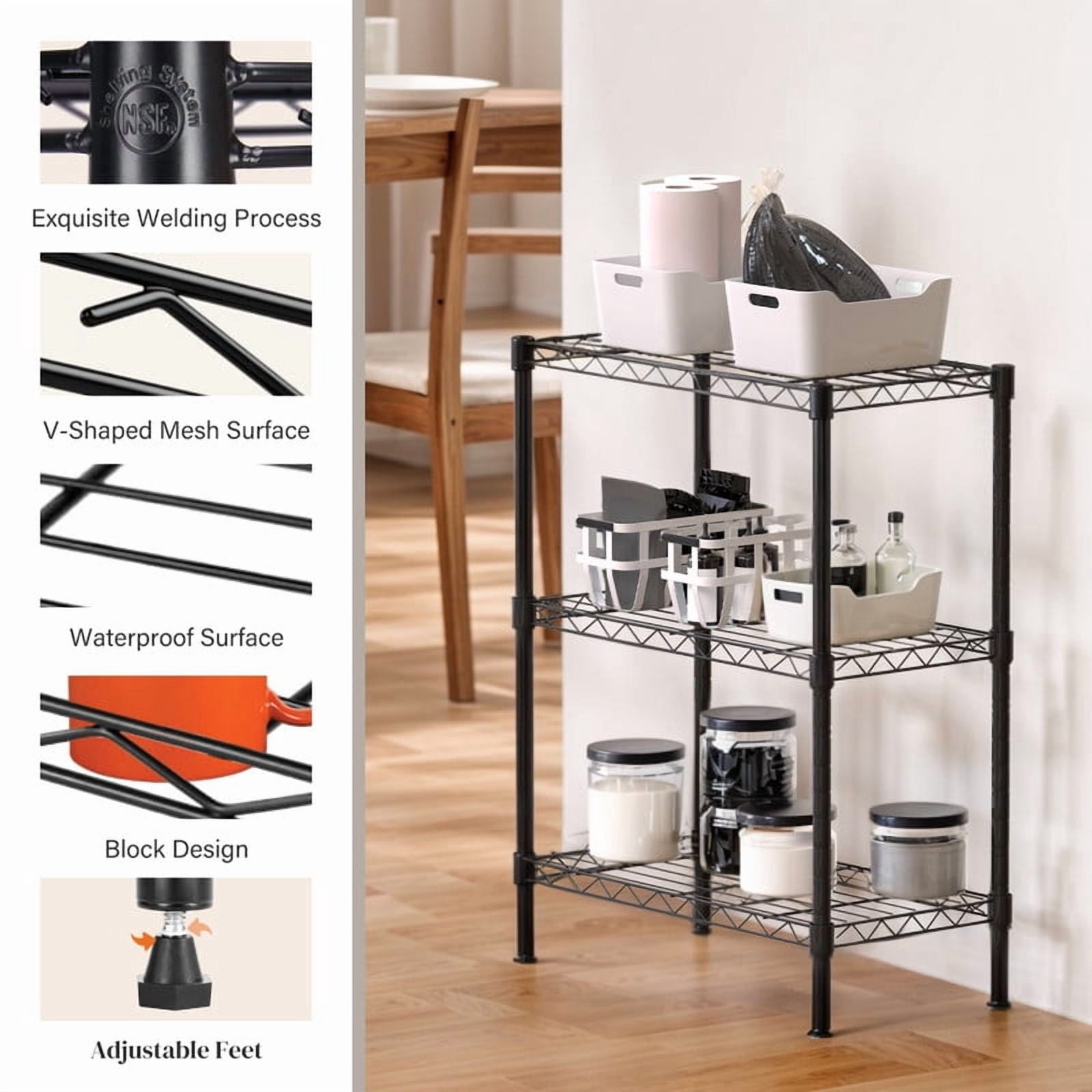 3-Tier Shelving Unit, Heavy Duty Metal Wide Storage, Adjustable Standing Wire Rack Storage Shelf for Kitchen, Pantry, Garage, Laundry, 13.8" D x 23.6" W x 30" H