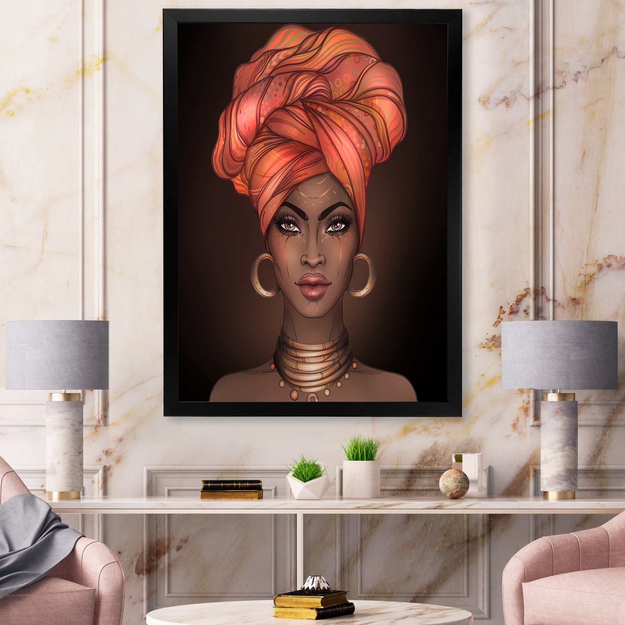 Designart 'African American Woman Portrait with Turban V' Modern Framed Art Print
