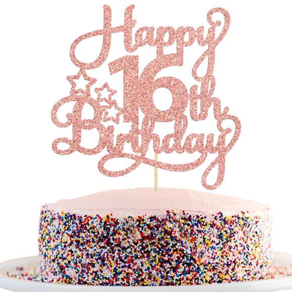 Cake Topper Ephlyn Feliz 16.º Cumpleaños Rosa Dorado con Brillo