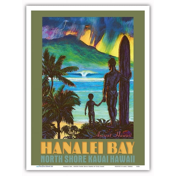 Hanalei Bay - North Shore Kauai Hawaii - Ancient Hawaiian Surfer - Vintage Hawaiian Travel Poster by Rick Sharp - Master Art Print (Unframed) 9in x 12in