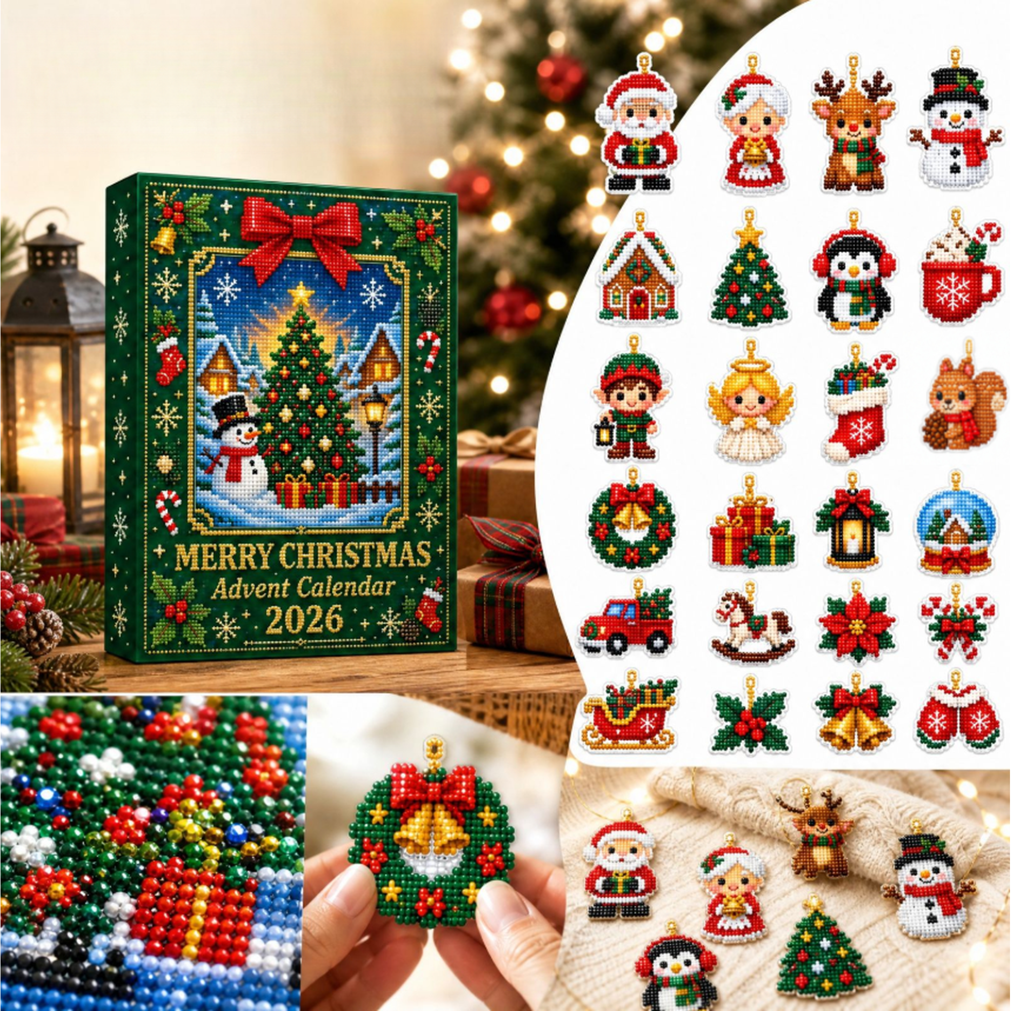 Christmas Diamond Art Advent Calendar Kit 24 Pcs DIY Christmas Tree Ornaments Complete Diamond Painting Kit for Holiday Countdown Activity
