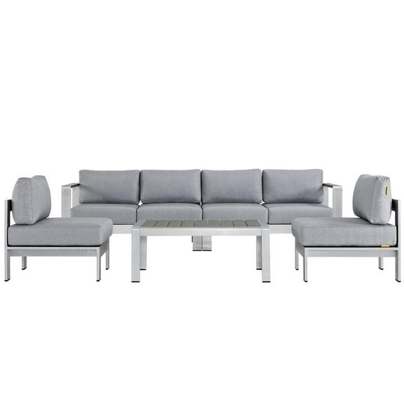 Modway Shore 5 Piece Outdoor Patio Aluminum Sectional Sofa Set in Silver Gray