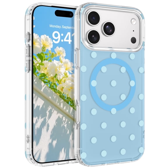 DUEDUE Magnetic Polka Dot Phone Case for iPhone 17 Pro Max, Compatible with MagSafe, Slim Soft TPU Protective Cover with Raised Camera Bezel, Cute Aesthetic Shockproof Case for Women and Girls, Blue