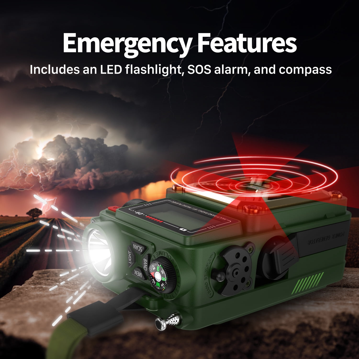 FosPower IPX3 Portable Solar Crank Emergency Weather Radio (Model D9) NOAA AM FM Hand Crank Radio w/ 14800mWh Power Bank, Bluetooth, USB, Flashlight, SOS Alarm for Home/Outdoor