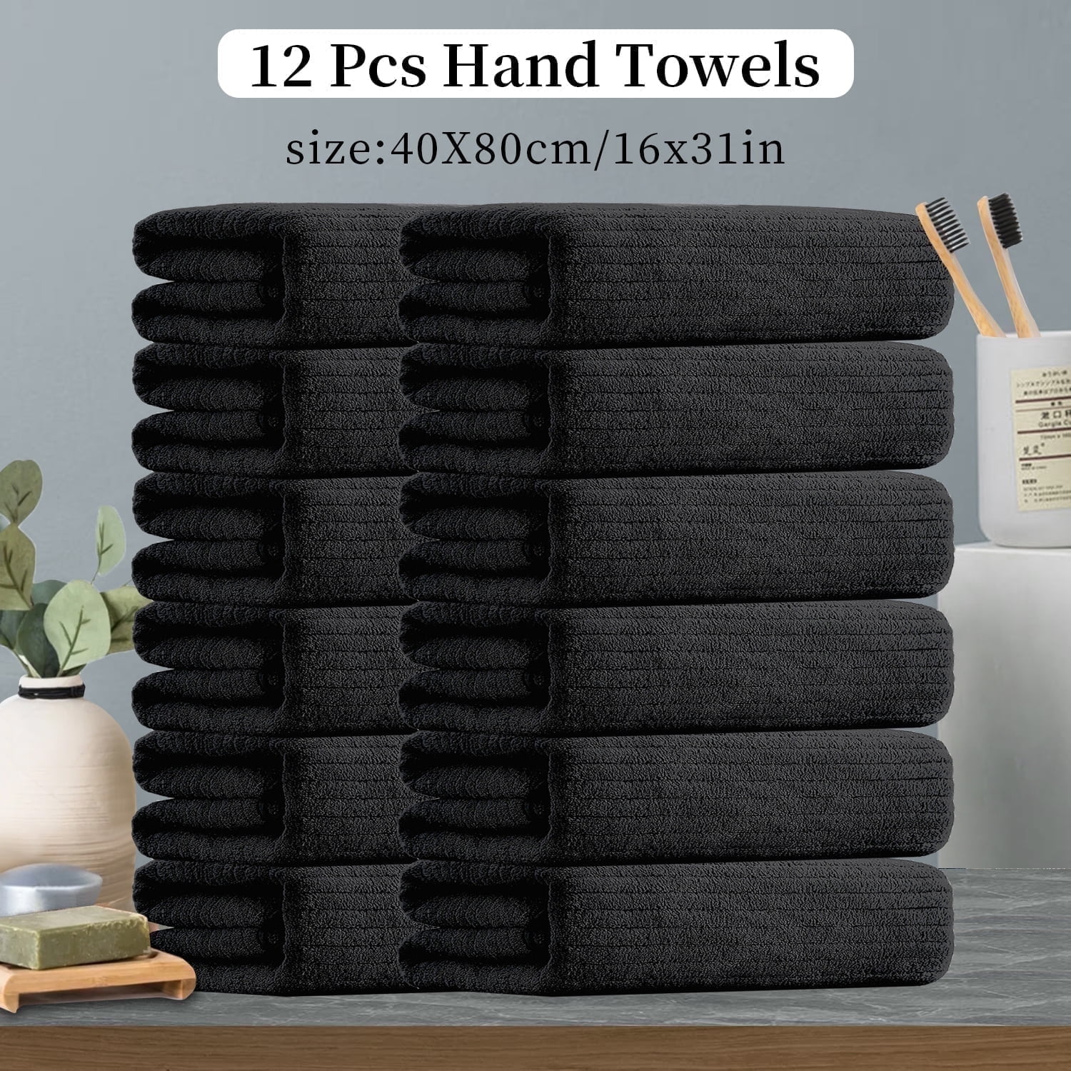 Covina Home 12 Pack Black Hand Towel Set, Oversized Ultra Soft Microfiber Bathroom Bath Hand Towel Set Adult Luxury Lightweight Cozy Collection