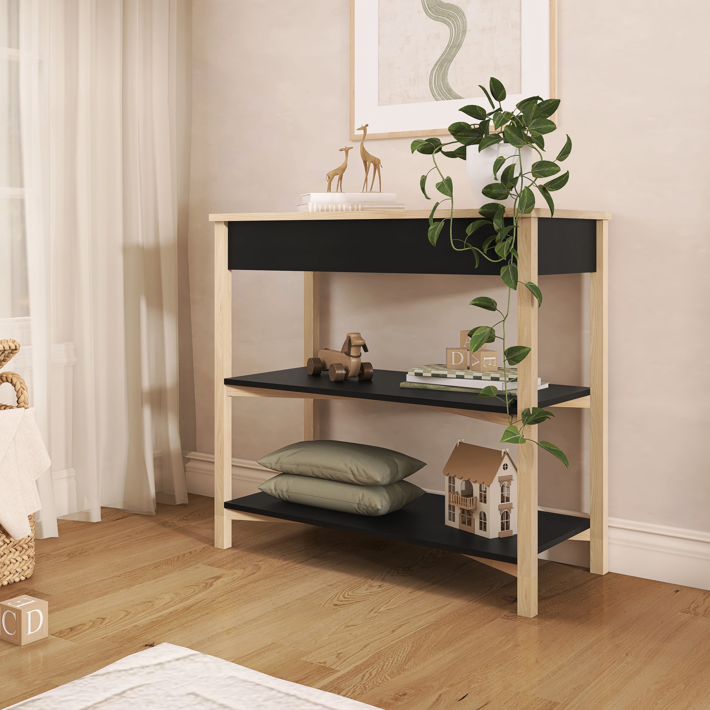 Dream On Me Owen Changing Table in Matte Black Vintage Oak, JPMA Certified, with two bottom shelves for storage