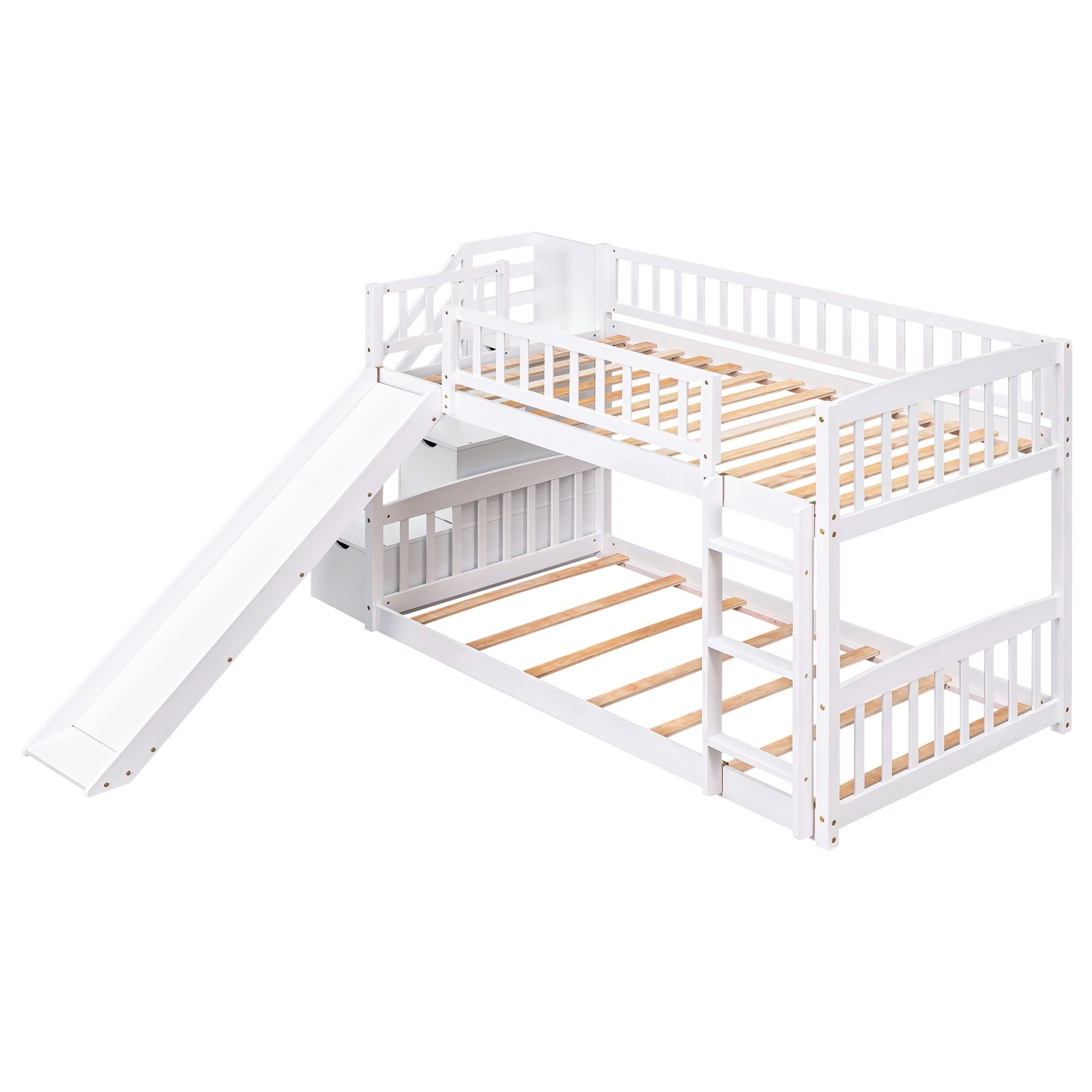 Mintazer Twin Over Twin Bunk Bed with Storage Staircase & Convertible Slide, Kids Bunk Bed Frame with Guardrails & Ladder, No Box Spring Needed, White
