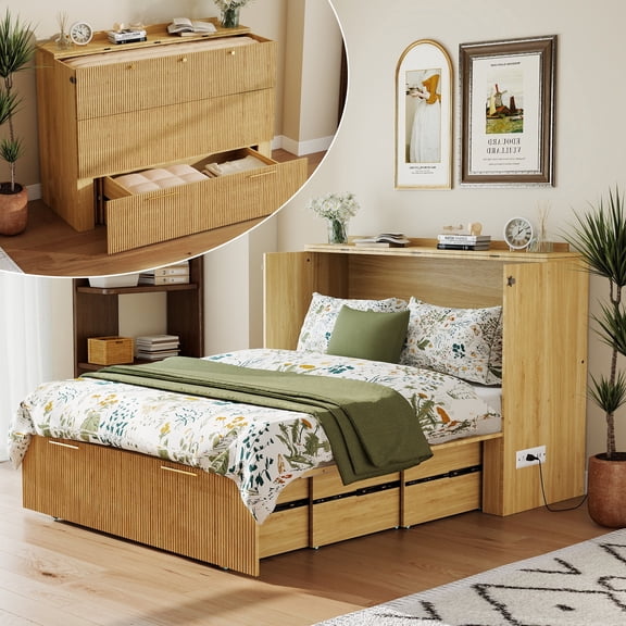 Full Size Murphy Chest Bed Cabinet, Wooden Pull-Out Foldable Hidden Murphy Bed with Charging Station and Storage Drawer for Bedroom Guest Room