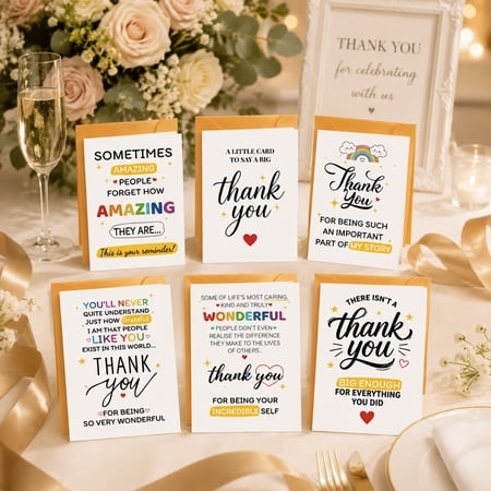 12 Sets Foldable Thank You Cards with Envelopes and Stickers, Bulk Appreciation Card Set, 6 Style Designs, Easy to Write Greeting Cards for Wedding, Birthday, Graduation, Holiday Gift Packaging