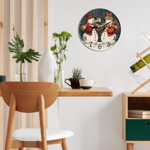 Kurmntregon Christmas Wall Clock Happy Snowmen Play Musical Winter Xmas Holiday Wooden Silent Non-Ticking Desk Clock Decorative For Living Room Home Office School Kitchen Wall Decoration Round 10"