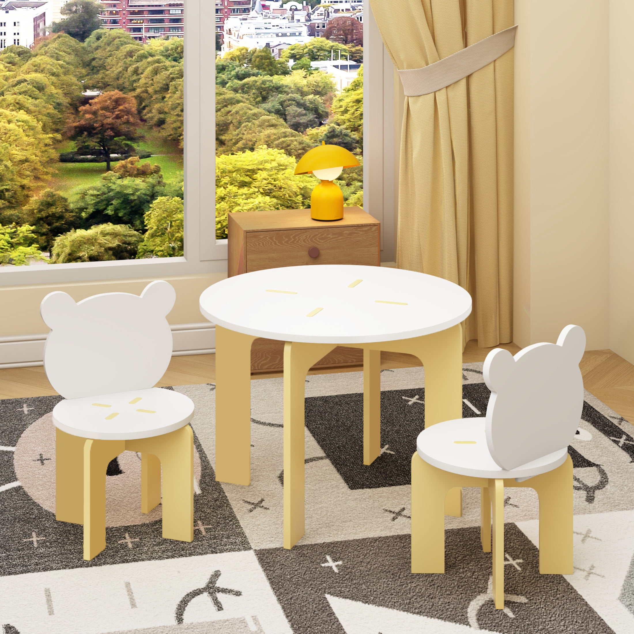 Noble House Kids Table and 2 Bear Chairs Set, 3-Piece Wooden Toddler Activity Table with Chairs, White and Yellow