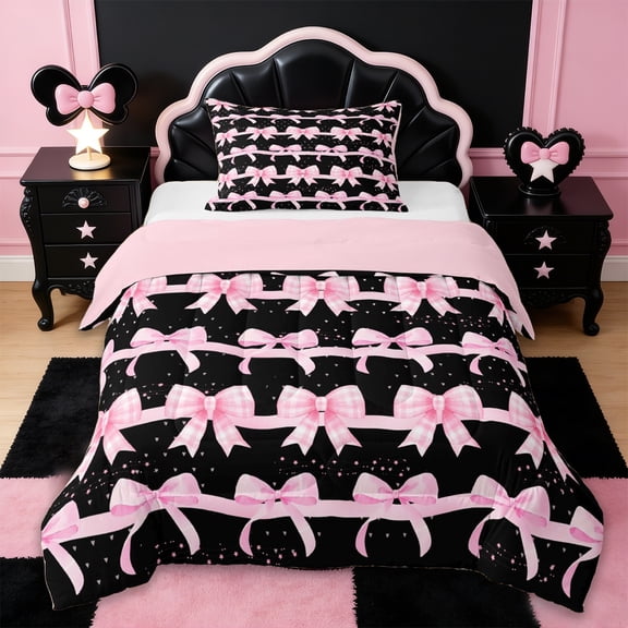 Erosebridal Cute Pink Bowknot Kids Twin Comforter Sets,Kawaii Princess Bow Bedding Set For Girls,Reversible pink,2-Piece