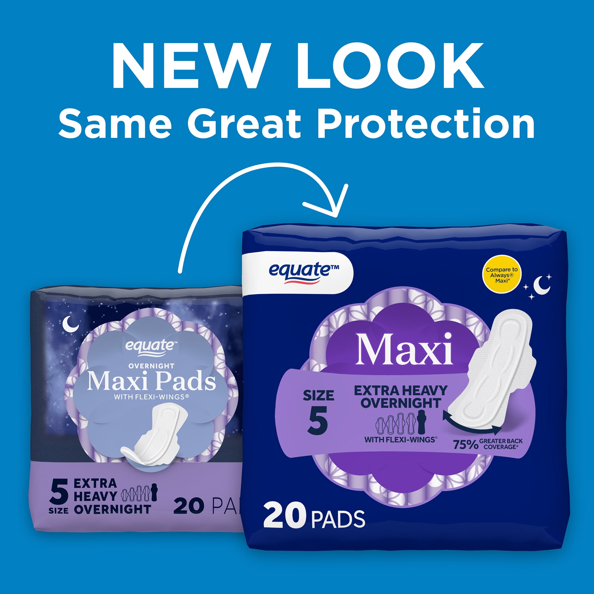 Equate Overnight Maxi Pads with Flexi-Wings, Extra Heavy Overnight Absorbency, Size 5, 20 Count