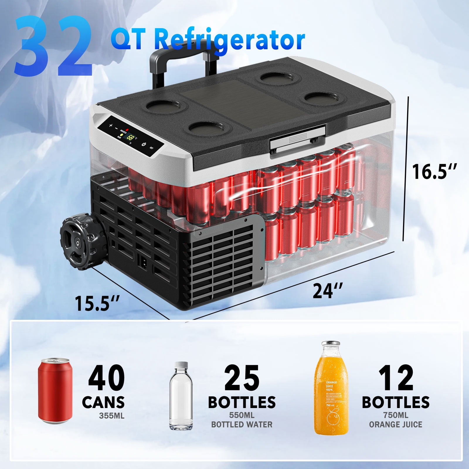 Dimedeal 12 Volt Car Refrigerator 32QT Portable Cooler -4℉-68℉, Compressor Fridge 12V/24V DC & 110-240V AC, Electric Cooler for Truck, RV, Camper, SUV, Travel, Camping & Road Trips