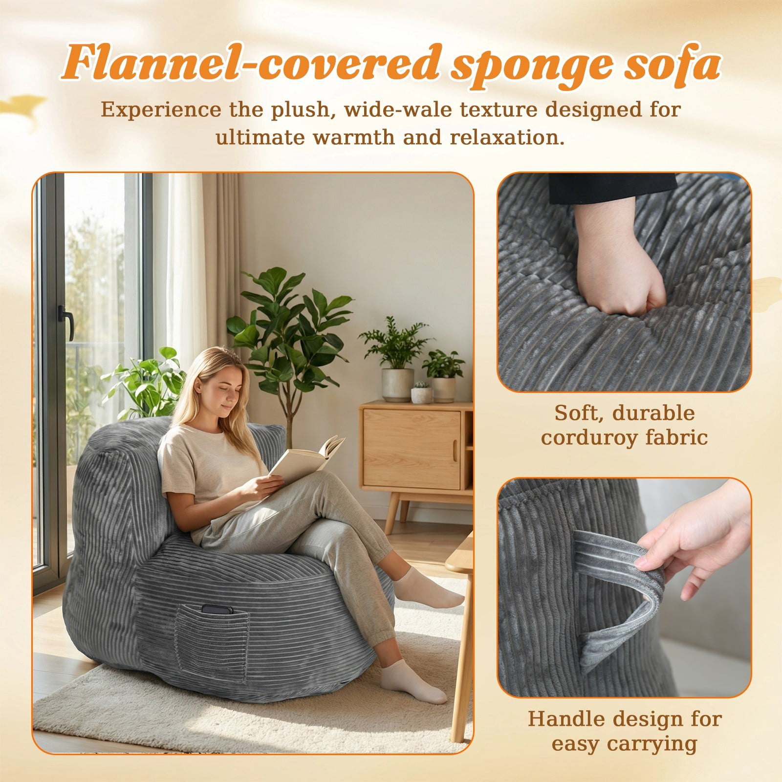 TOPCHANCES Large Bean Bag Chair for Adults, Crushed Foam Floor Chair with Storage Pocket & Carry Handle,  Indoor Lazy Lounger Sofa for Living Room Bedroom, Dark Gray