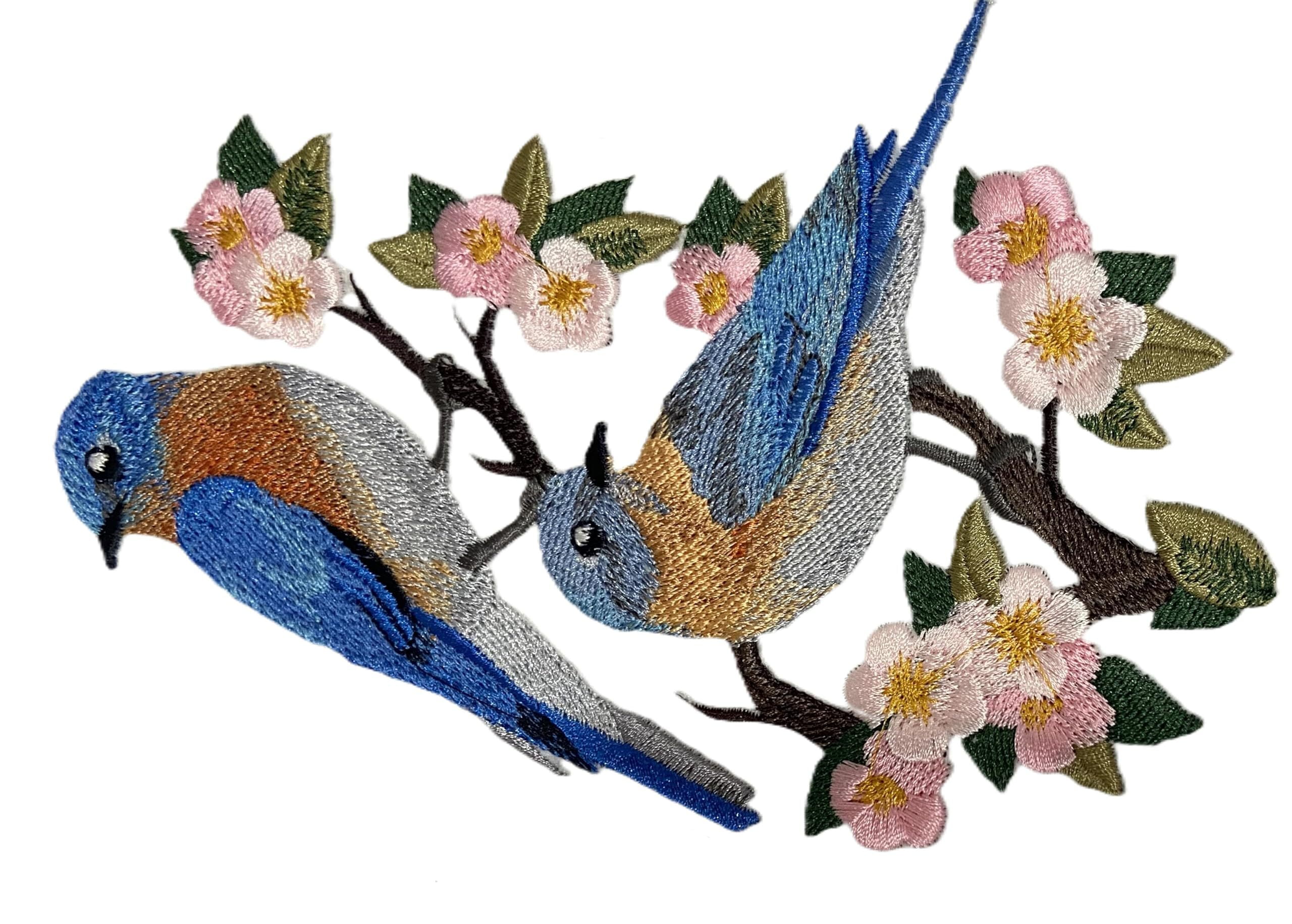 Beyond Vision Custom Bird Eastern Bluebirds and Blossoms Embroidery Iron On/Sew Patch (4.53" x 6.85")