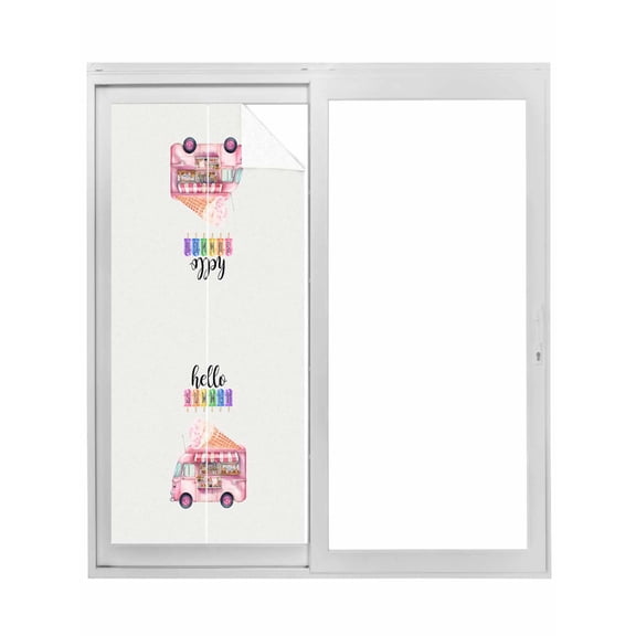 Hello Summer Window Privacy Film, Pink Ice Cream Truck Watercolor Static Cling UV Sun Blocking Tint Film Heat Control Windows Films for Bedroom Bathroom, Window Stickers 23.6"x59"