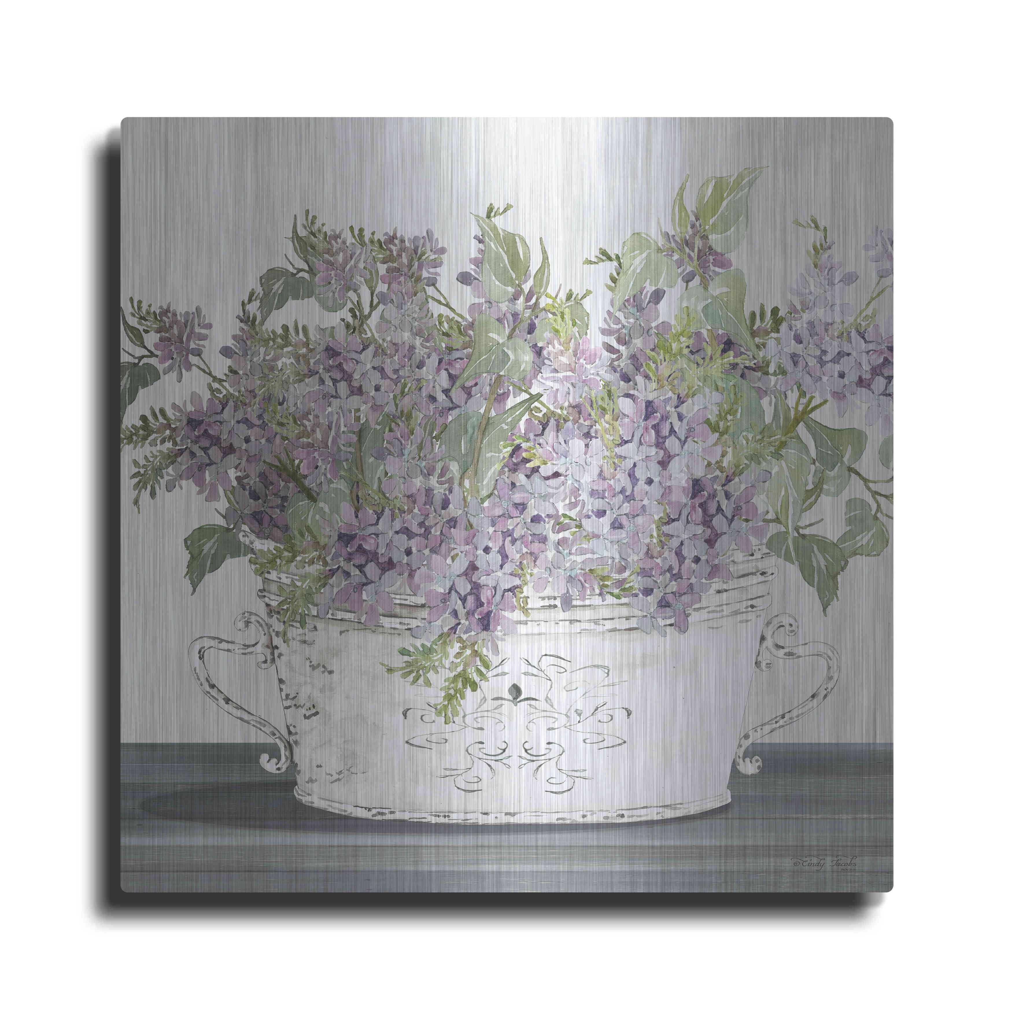 Lilac Galvanized Pot Floral Canvas Print in White Frame