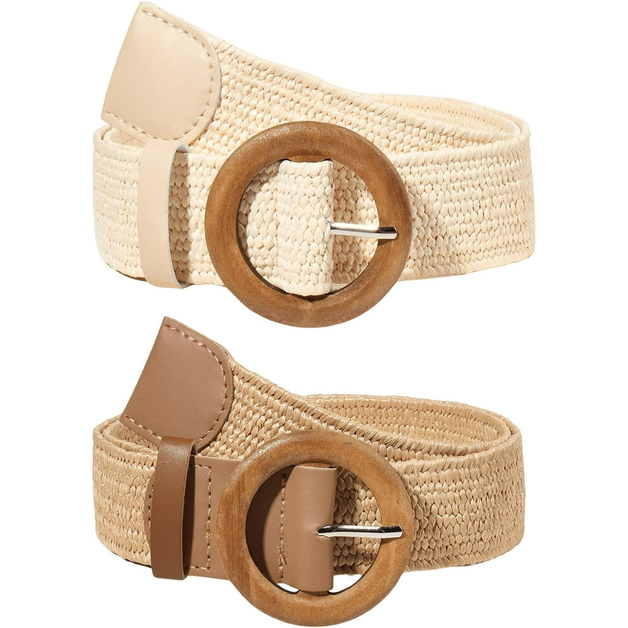 6563 Women\'s 2 Pack Buckle Elastic Straw Belts Boho Waist Belt Beige Yellow 5 Styles - Elasticated Raffia Belt With Wicker Style Buckles  main image 2