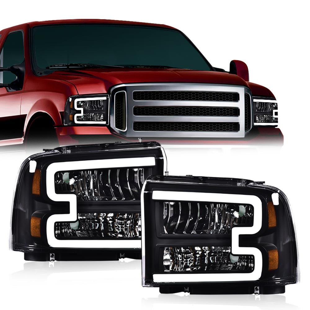 LED DRL Black Headlights Assembly Fit for 2005-2007 Ford F250 F350 F450 F550 Super Duty