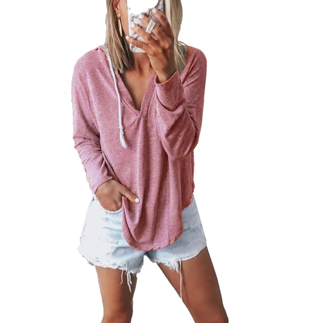 Sudadera con capucha de manga larga con cuello en V y cordón ligero con capucha informal para mujer rosa L