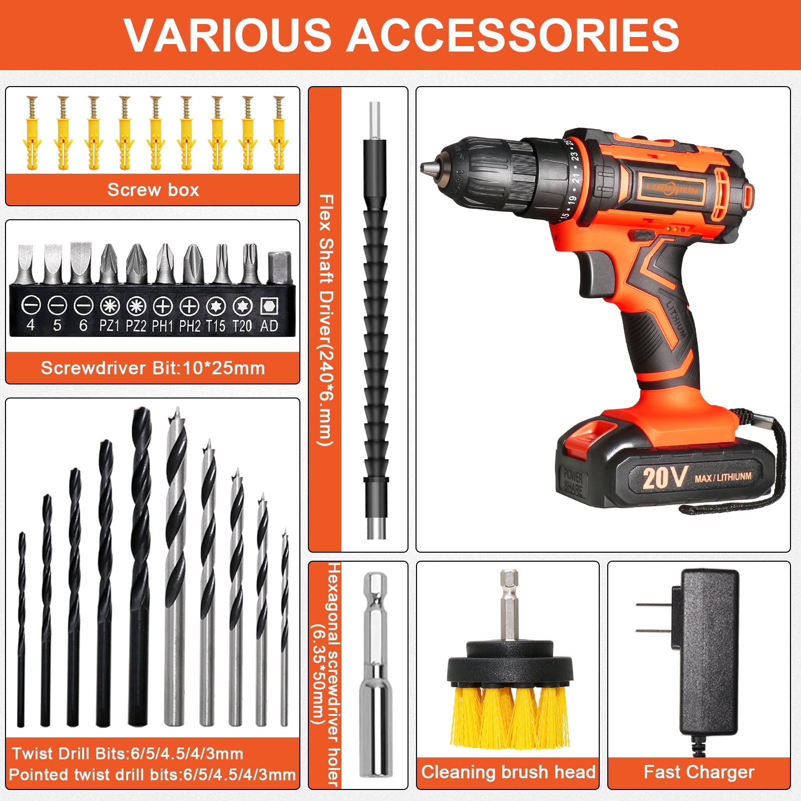 20v Drill Driver Set,Cordless Drill with Battery and Charger,LED Tools Kit,25+1 Torque Setting and 43pcs Bits
