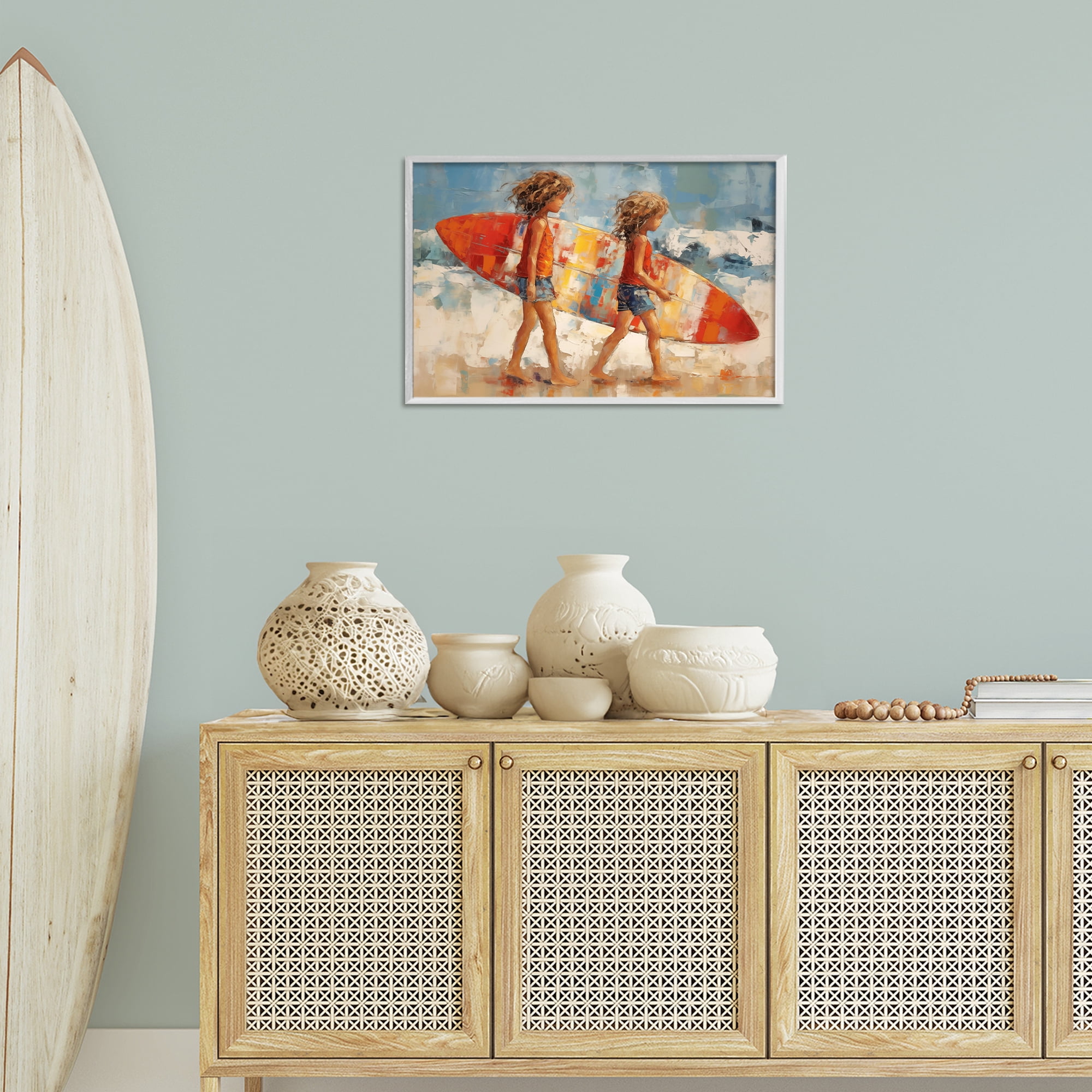 Stupell Industries Kids with Surfboard Sports Painting White Framed Art Print Wall Art, 24 x 16