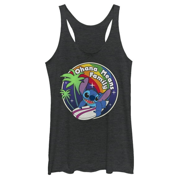 Women's Lilo & Stitch Ohana Means Family Rainbow Surfer Stitch Racerback Tank Top Black Heather X Small