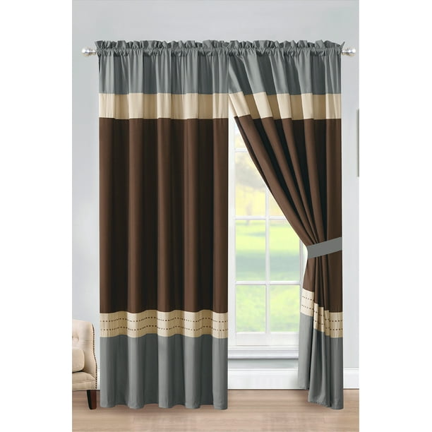 4 Pc Liam Stripe Embroidery Curtain Set, Blue And Beige Curtains