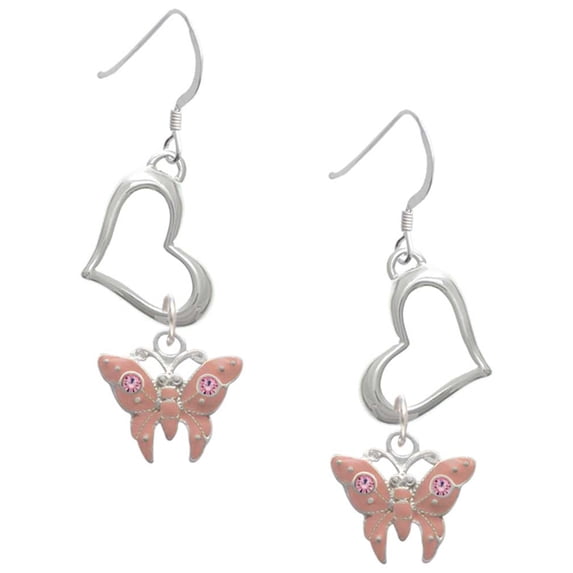 Delight Jewelry Silvertone Pink Butterfly with 2 Pink Crystals Open Heart French Earrings