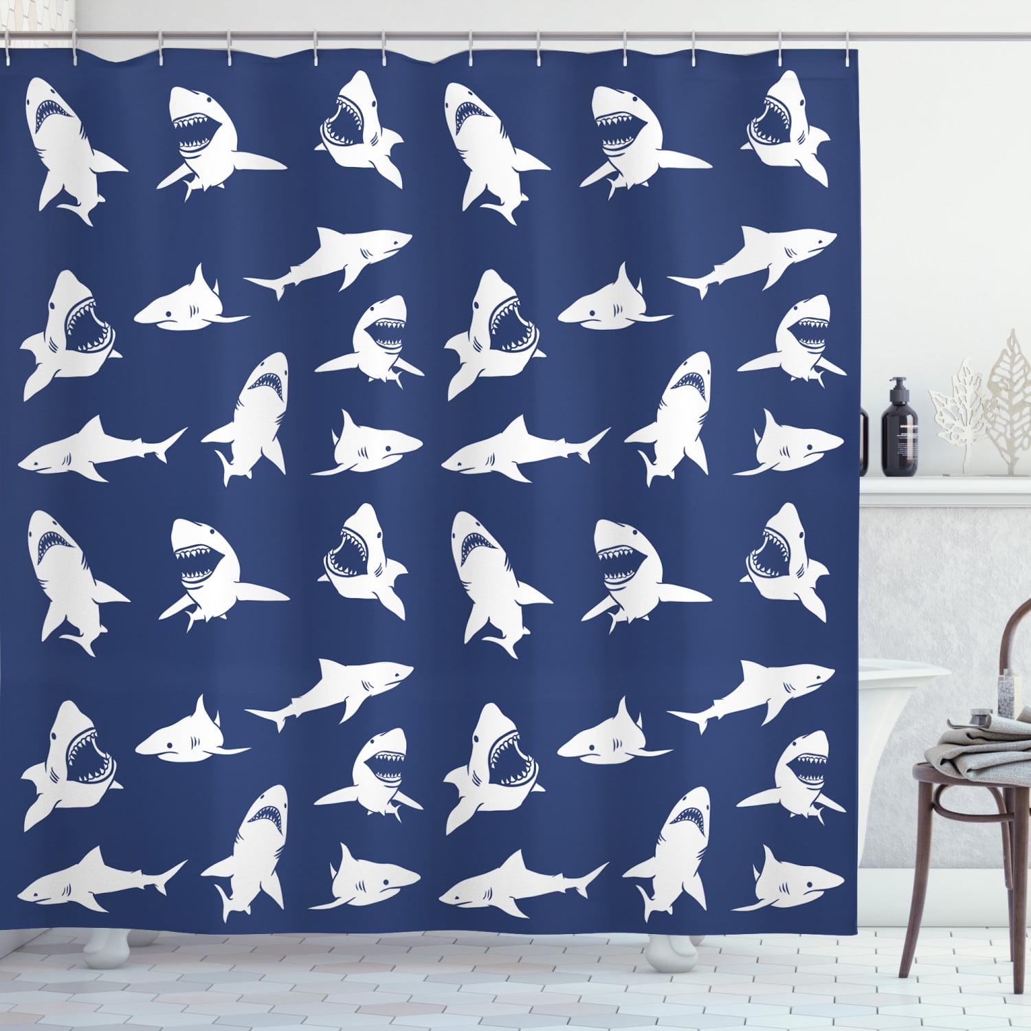 Ambesonne Shark Shower Curtain, Various Gestures Humorous, 69"Wx75"L