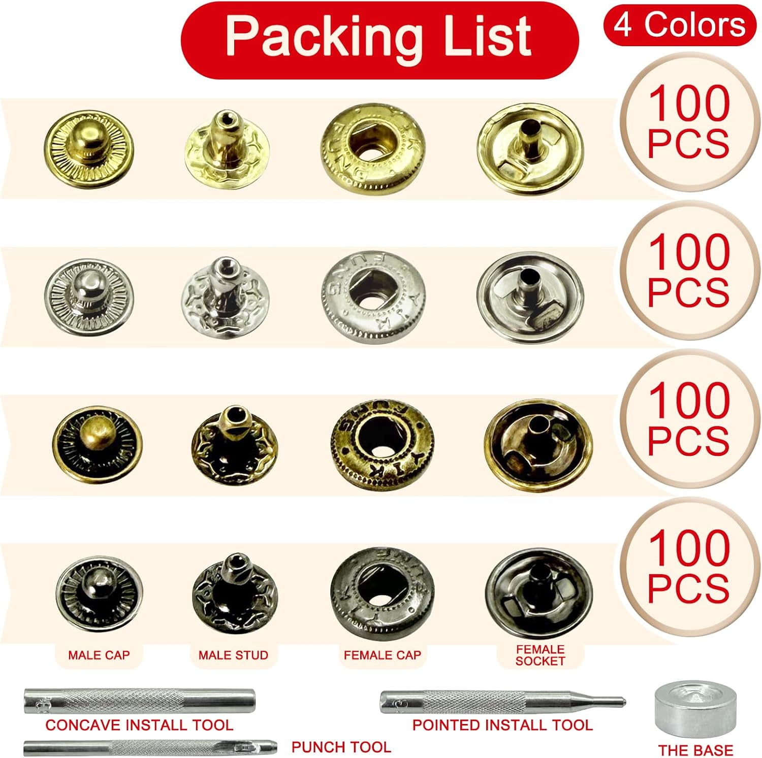 400PCS Snap Fasteners Kit, 100 Sets 12.5mm Metal Press Studs with Setting Tools, Rustproof Small Buttons for Thin Leather, Clothing Repair, Jewelry & DIY Crafting