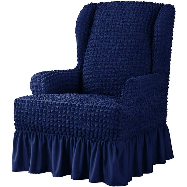 Subrtex Stretch 1Piece Pleated Ruffled Skirt Wingback Chair Slipcover, Navy